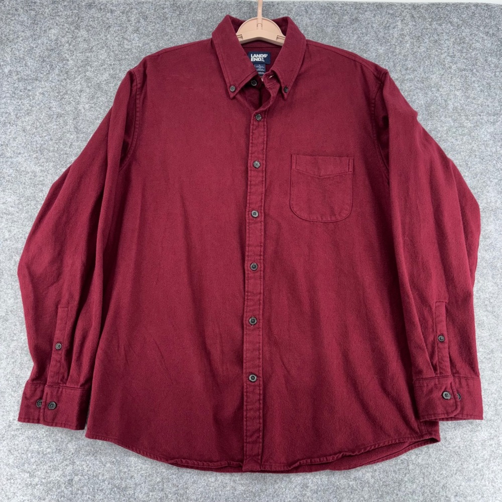 Lands End Men Flannel Shirt L 16-16.5 Burgundy Red Cotton Traditional Fit 481909